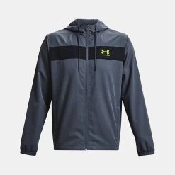 Under Armour Men's UA Sportstyle Windbreaker Jacket Downpour Grey / Black / Lime Surge -Outdoor Clothing Store ps1361621 044 hf
