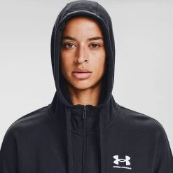 Under Armour Women's Rival Fleece Full Zip Hoodie Black -Outdoor Clothing Store s7.v5 1356400 001 hood 1