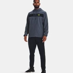 Under Armour Men's UA Sportstyle Windbreaker Jacket Downpour Grey / Black / Lime Surge -Outdoor Clothing Store v5 1361621 044 fsf