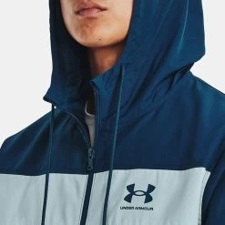 Under Armour Men's UA Sportstyle Windbreaker Jacket Fuse Teal / Petrol Blue -Outdoor Clothing Store v5 1361621 437 hood